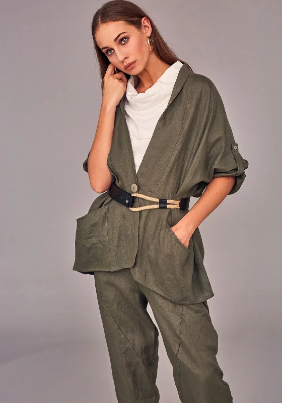 Naya Cropped Sleeve Linen Jacket, GreenCroptopplain