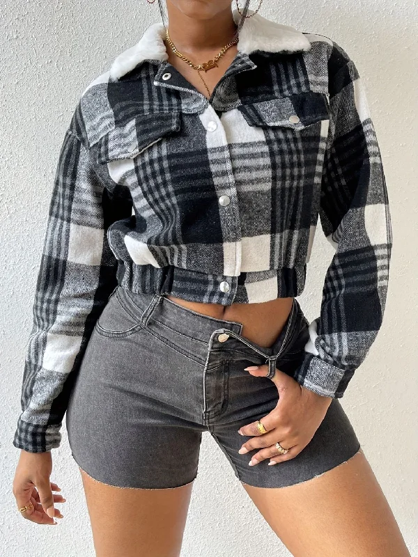 Plaid Snap Down Collared Neck Cropped JacketCroptopmemory