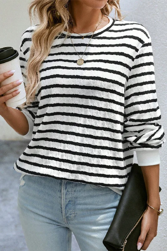 Black Stripe Round Neck Casual Long Sleeve Top