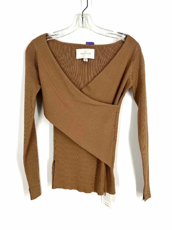 Brochu Walker Size XS Tan Crisscross Ribbed Designer Top-Long Sleeve