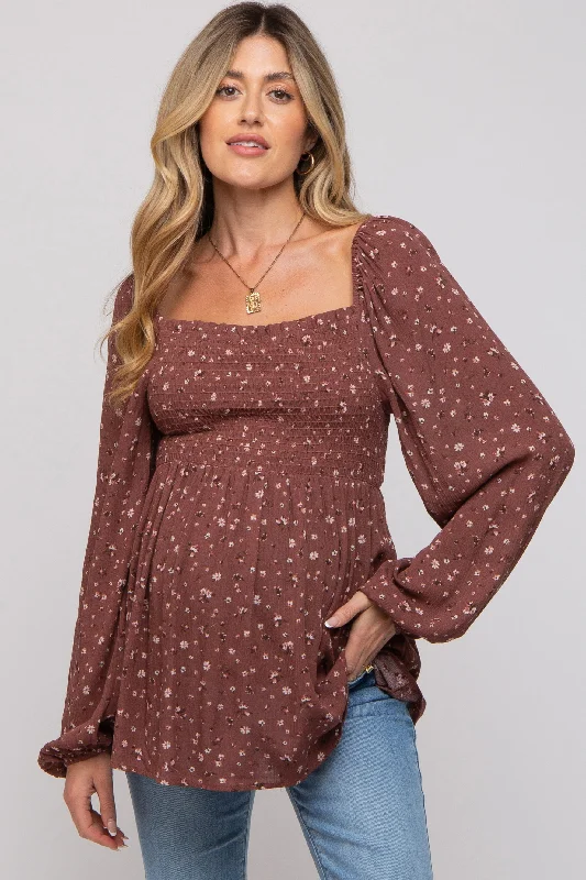 Brown Floral Smocked Long Sleeve Maternity Top