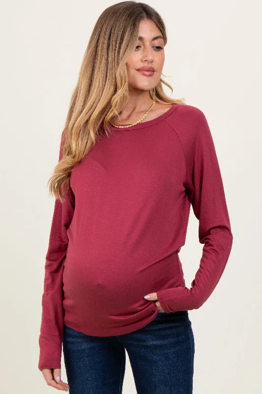 Burgundy Basic Boatneck Maternity Long Sleeve Top