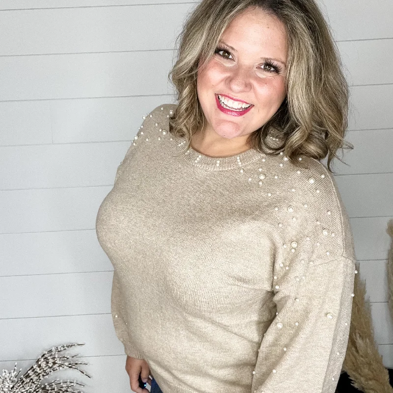 "Discreet" Long Sleeve Pearl Embellished Balloon Sleeve Sweater