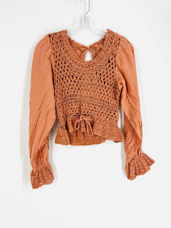 Free People Size XS Terracotta Balloon Sleeve Crochet NEW Tops Top-Long Sleeve