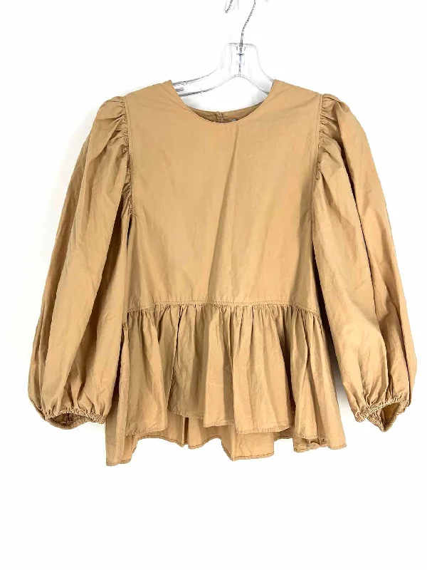 Hunter Bell Size L Tan Peplum Puff Sleeve Designer Top-Long Sleeve