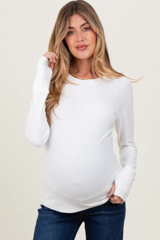 Ivory Brushed Knit Thumb-Hole Maternity Long Sleeve