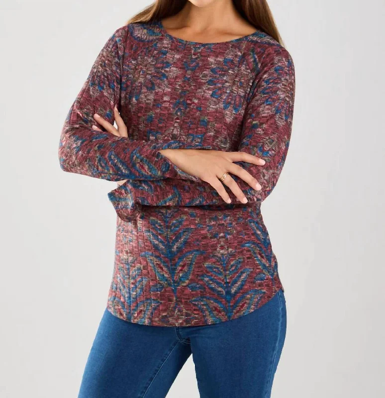 Long Sleeve Rib Top In Burgundy