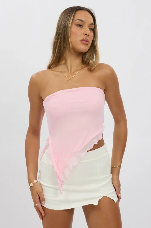 Pink Bandeau Top Asymmetrical Ruffle Hem MeshCroptopquality