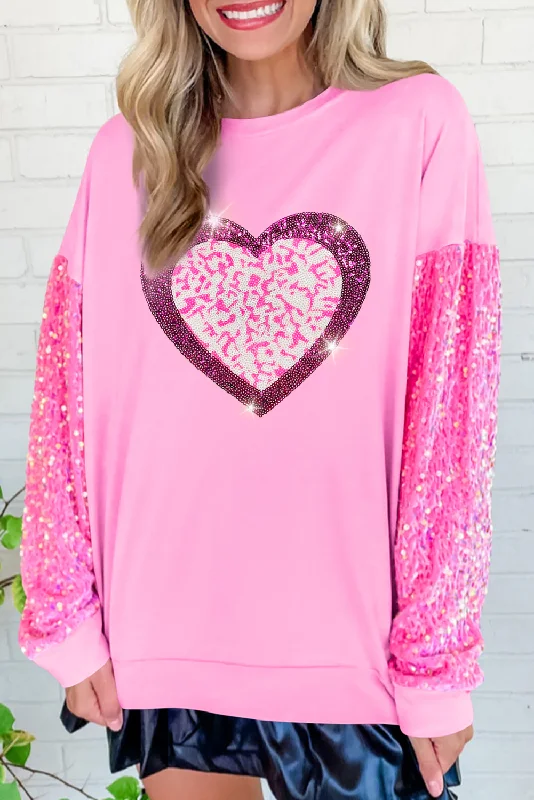 Pink Leopard Heart Graphic Sequin Patchwork Long Sleeve Valentines Top