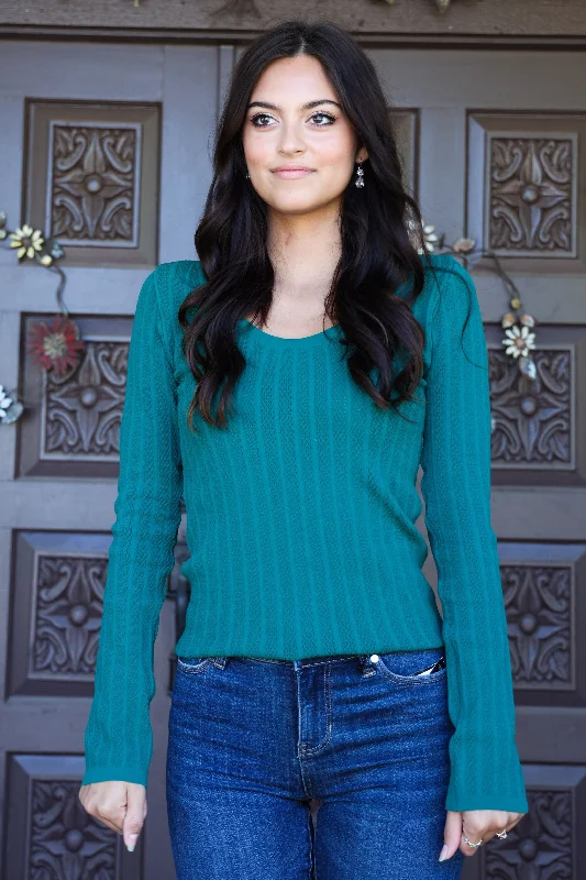 Scala Seamless Emerald Lace Long Sleeve U-Neckline Top