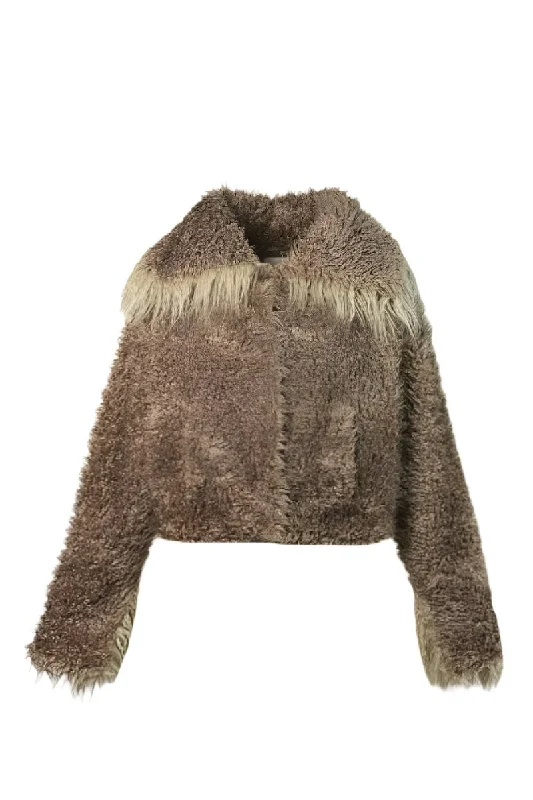 CROPPED FAUX FUR JACKET WITH TURN-UP CUFFS IN BEIGECroptopwool