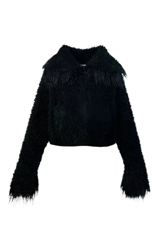 CROPPED FAUX FUR JACKET WITH TURN-UP CUFFS IN BLACKCroptopstripes