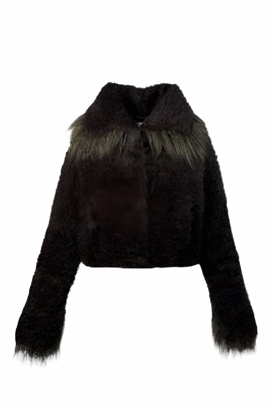 CROPPED FAUX FUR JACKET WITH TURN-UP CUFFS IN BROWNCroptoplinen