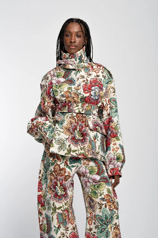 WHITE FLORAL BROCADE CROPPED TRENCH COAT STYLE JACKETCroptopgame