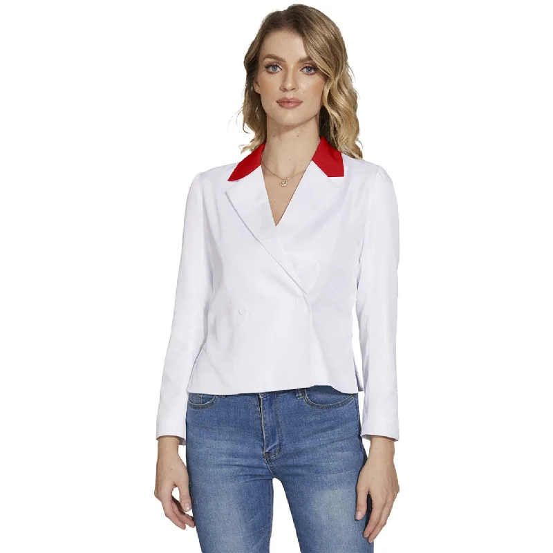 White Red Women's Long Sleeve Revers Collar Cropped JacketCroptopbrand